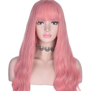 Long Wavy Pink Wig with Bangs